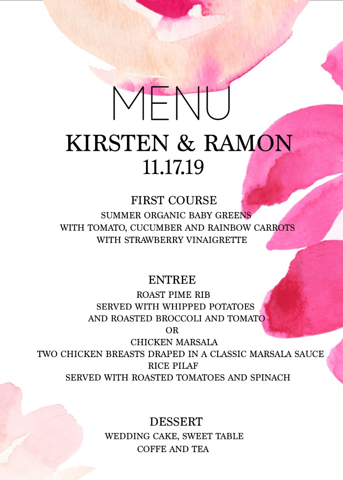 Free Modern Printable Watercolor Wedding Menu