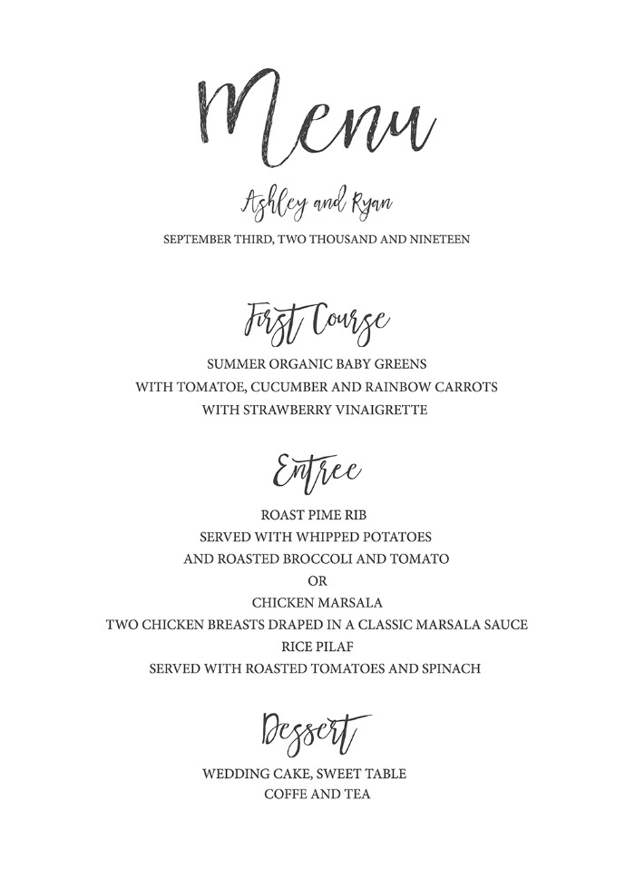 Timeless and Simple Free Printable Wedding Menu