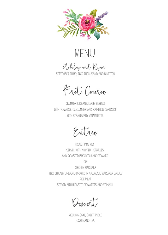 Floral Printable Floral Menu
